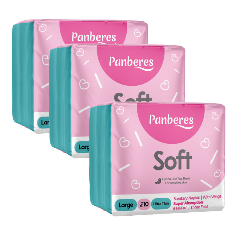 مجموعه 3 عددی نوار بهداشتی روز پنبه ریز مدل Normal، سایز L با ضخامت خیلی نازک، لایه رویی پنبه با جذب خیلی زیاد، بسته 10 عددی، ضد حساسیت، دارای بسته‌بندی تکی