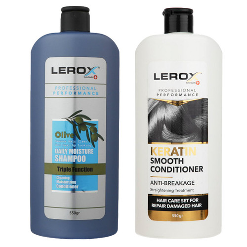 شامپو مو لروکس مدل زیتون وزن 550 گرم به همراه نرم کننده مو لروکس مدل کراتین وزن 550 گرم