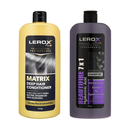 شامپو مو لروکس مدل بیوتی فایر وزن 550 گرم به همراه نرم کننده مو لروکس مدل ماتریکس وزن 550 گرم