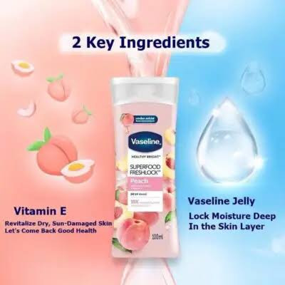 لوسیون بدن وازلین مدل Superfood Freshlock Peach با عصاره هلو و ویتامین E، مرطوب کننده، جذب سریع، مناسب انواع پوست،۱۰۰میل